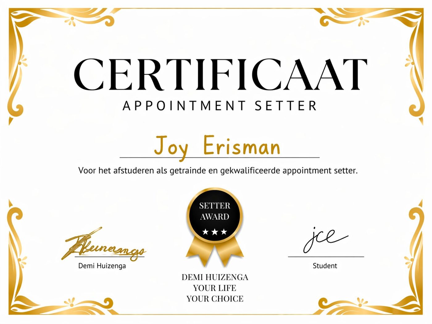 Certificaat Appointment Setter — Joy Erisman